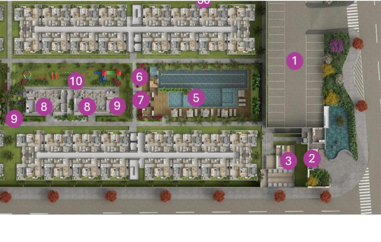 Implantação do empreendimento Uni com a distribuição das torres e áreas de lazer
