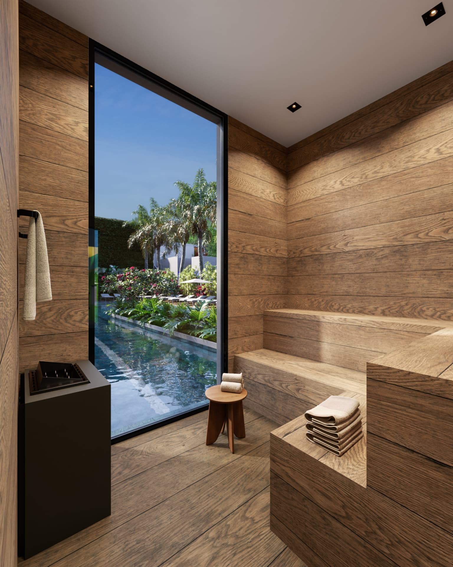 Sauna seca do Uni revestida em madeira com vista para a piscina