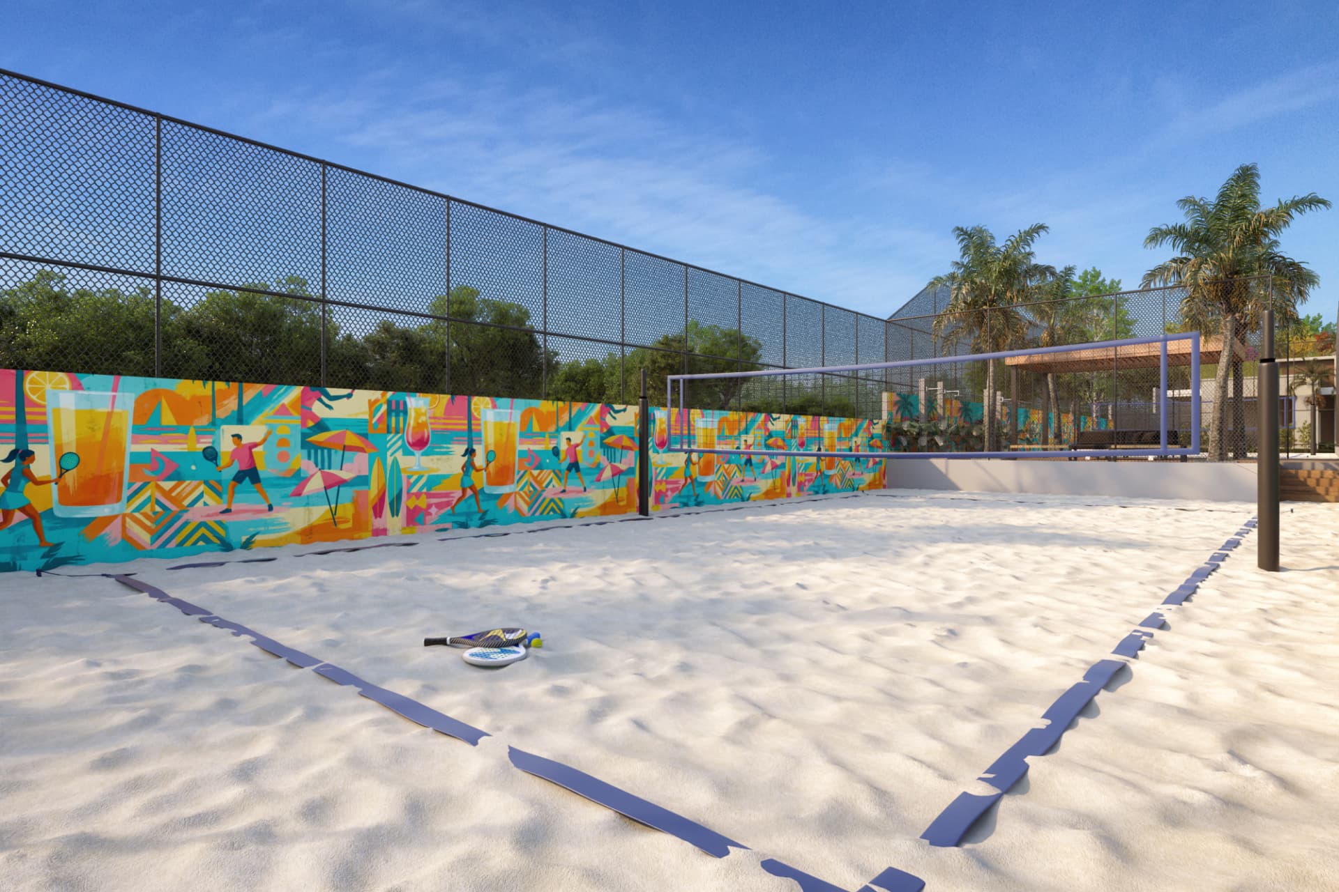 Quadra de beach tennis de areia com mural colorido no Uni