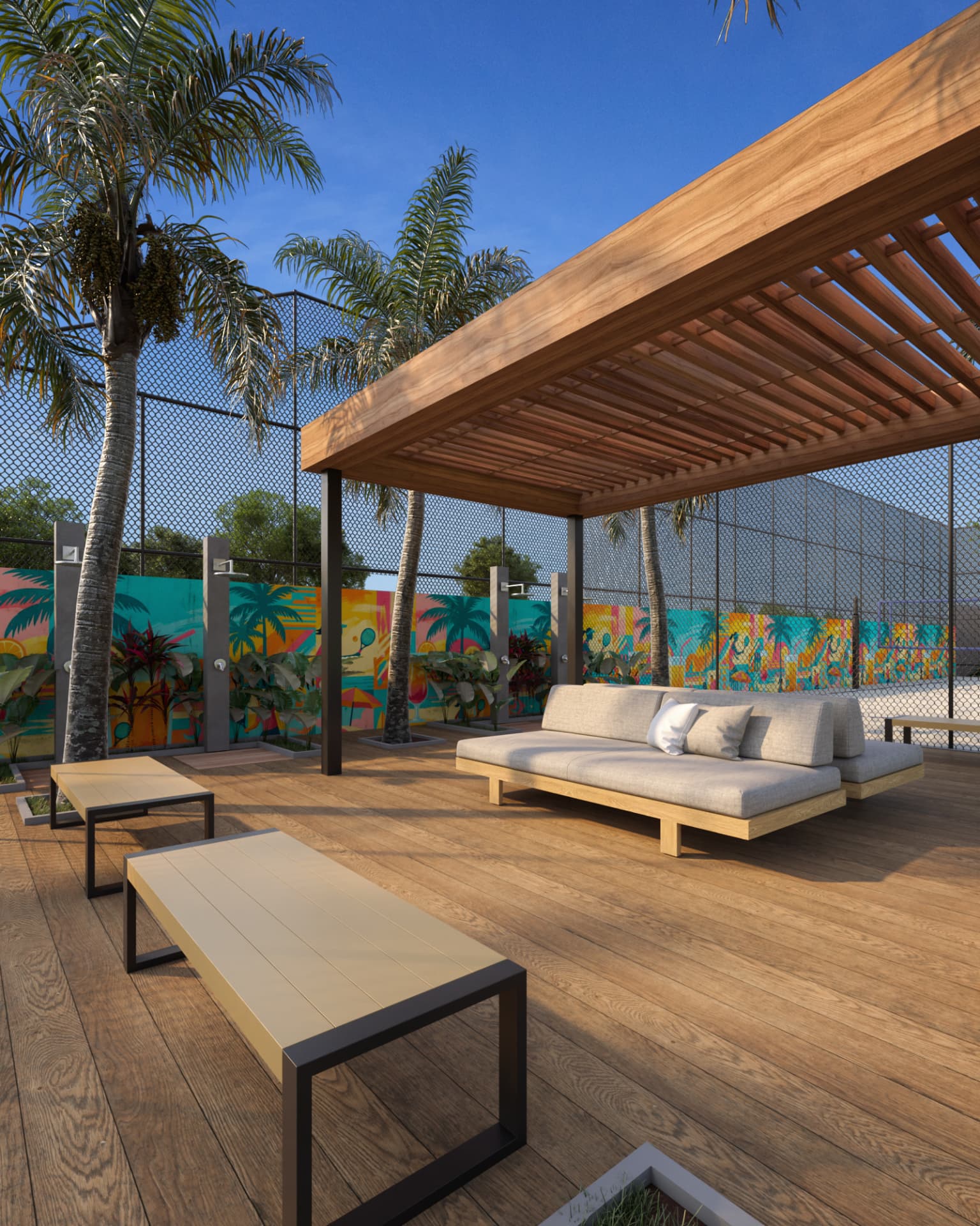 Lounge beach com pergolado de madeira e sofá ao lado da quadra de areia